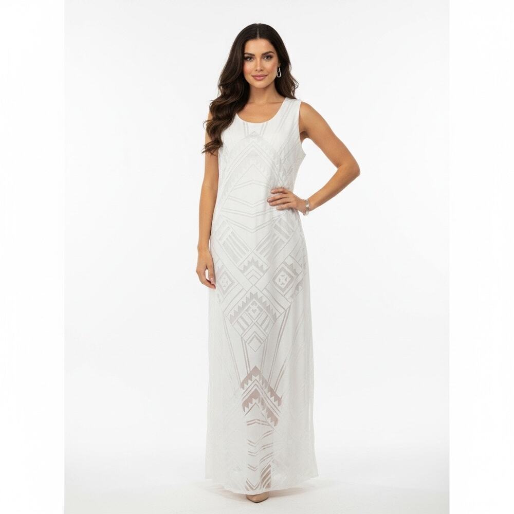 Chico’s Geo Burnout Maxi Dress 2 White Boho Aztec Sleeveless NWT Summer Resort